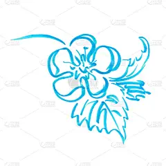 标记亮蓝色的花与叶片手绘线描草莓