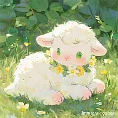 jimeng-2025-09-06-5590-梦幻Q版插画，小羊侧坐花环，圆脸粉腮红。绿眼映花影，粉鼻微翘，蓬松毛发金点。爪拨