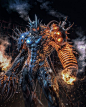 an image of a robot that is in the air with fire coming out of it