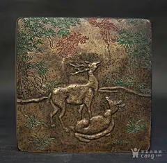 纯紫铜625银雕刻的鹿雕像清代化妆盒子-图1