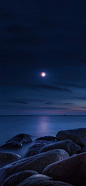 海边 石头 海水 夜晚 月亮