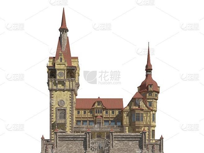 童话城堡孤立的白色背景3D插图
