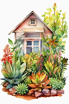 建筑铅笔绿植房屋花园插画