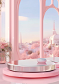 a table with a pink tray, on top of it's pink rim, in the style of dreamy, romanticized cityscapes, tomàs barceló, windows vista, curved mirrors, kawaii charm, iconic imagery, luxurious wall hangings