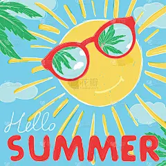 戴眼镜的太阳微笑。太阳镜反射手掌和天空。你好,夏天。