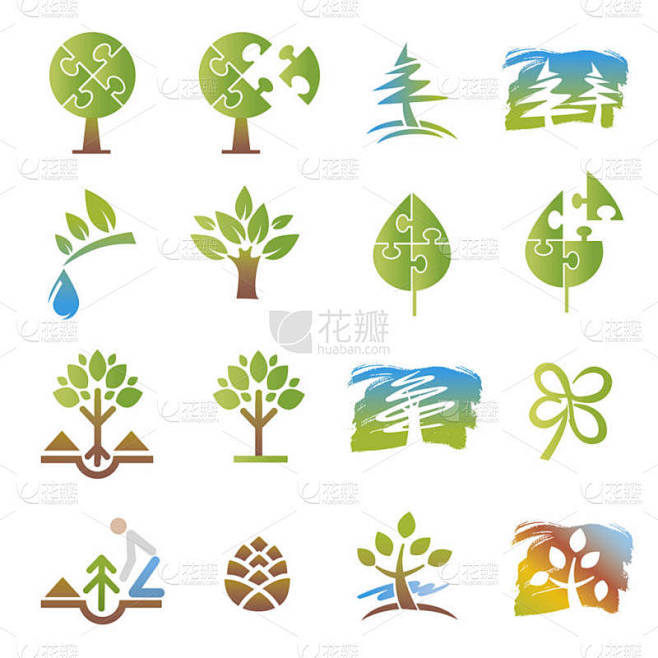 设置树和植树图标。一组五颜六色的树符号。隔离在白色背景上。可用的矢量.