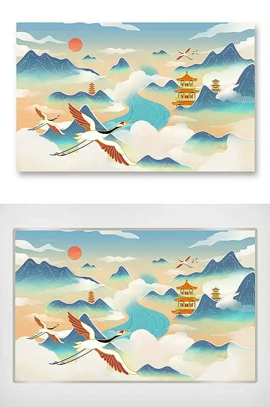 国潮插画国风山水风景烫金风背景-众图网-花瓣网