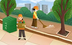 劳动节插画手绘劳动节街道上清扫卫生的环卫工劳动节原创插画素材
