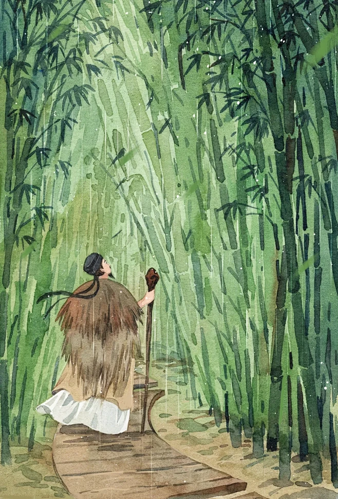 【定风波·莫听穿林打叶声】水彩手绘古诗词-花瓣网