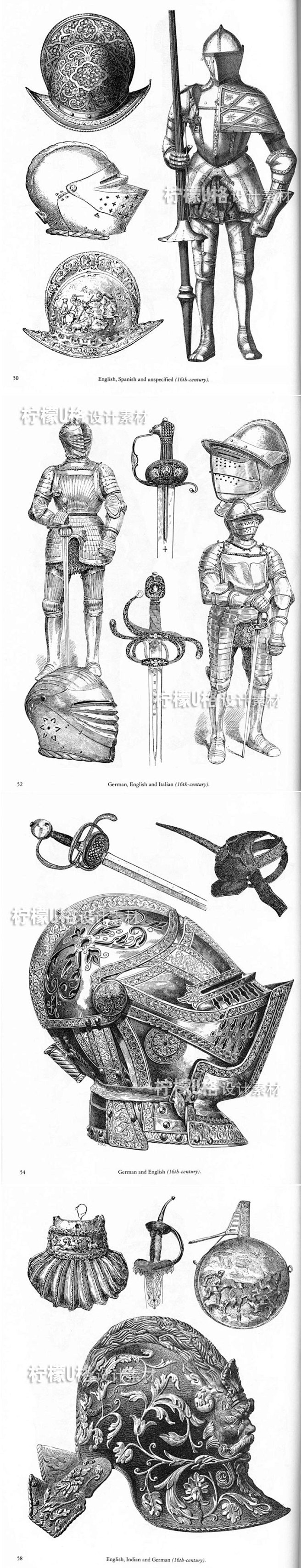 152美术绘画素材中世纪铠甲盔甲战士头盔...