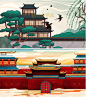 PS国风山水祥云背景建筑景观插画扁平风格效果图制作PSD分层素材-淘宝网