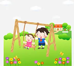 手绘儿童插画免抠素材_新图网 https://ixintu.com 小女孩 小男孩 绿树 花朵 荡秋千