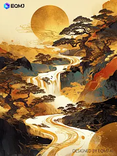 国风插画 | AI绘制新中式古典鎏金山水画 - 小红书