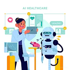 手绘AI医疗保健图女医生拿着平板机器人