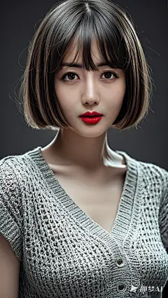 桌上, 最好的质量, 真实感, 非常详细, 精细地, 高分辨率, 8K 壁纸, RAW 照片, 专业的, 细节丰富, 1 名女孩, (((黑白摄影))), (((红唇))), ((看着相机)), (期