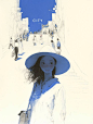 This may contain: a woman wearing a large white hat standing in front of a blue cityscape