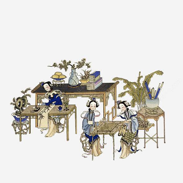 国画高清素材 古代家具 国画 女人 盆栽...