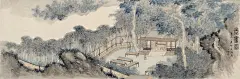 清 明俭 山水 曝书图 （横屏浏览）设色绢本 镜片【明俭，清代僧人，字智勤，号几谷，俗姓王，江苏丹徒（今镇江）人。能诗，善摹晋人法帖，尤工山水、花卉。】