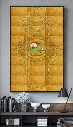 3D现代简约金色金属牡丹玄关装饰画