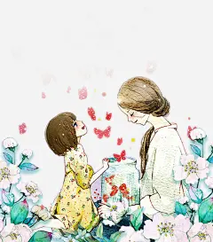 手绘唯美母女插画免抠_新图网 https://ixintu.com 花朵 手绘 唯美 蝴蝶 母女 母爱 插画 母亲节