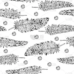 手绘的黑色羽毛，白色背景的无缝模式。可以用于桌面壁纸、 网页背景、 纺织.