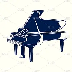矢量手绘插图钢琴在vintage雕刻风格。爵士古典音乐乐器大钢琴孤立在白色背景上。详细的复古木刻风格