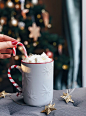 Hygge, Cosy, Christmas tree, hot chocolate. Christmas flatlay