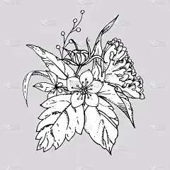 手绘墨水花卉装饰与鲜花和叶子。向量