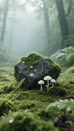 超写实摄影风格，俯视角微距镜头下的晨雾弥漫古老森林地表，画面以清新柔和的浅绿色渐变背景为主，营造宁静自然的氛围。前景是覆盖着绒毯般鲜绿苔藓的地面，苔藓呈现出细腻的纹理和饱满的质感，其间点缀着半透明的蕨类嫩芽和三朵顶戴珍珠晨露的白色小蘑菇，中央位置一块布满深绿苔藓的不规则灰黑色岩石被细密的银灰色菌丝网络温柔托举，岩石表面镶嵌着几粒折射彩虹光晕的露珠，边缘略显粗糙，整体形态自然质朴。构图采用近景特写，主体明确，景深控制得当，背景是逐渐虚化的深绿蕨类植物墙，空气中悬浮着肉眼可见的微小水汽颗粒，光线柔和均匀，从上