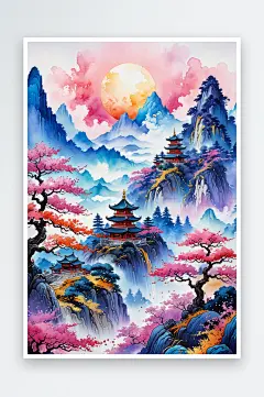 古风水彩水墨山水风景插画-众图网