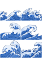 浮世绘海浪装饰插画蓝色浪花展板-众图网