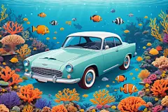 小鱼小车海洋插画图片