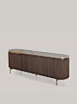 Shakedesign_Storages_Hege sideboard with curved sides, T151 terra, shiny ceramic marble Calacatta Oro top, under-top C48 bronzo chiaro, light bronze metal details