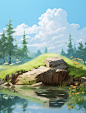 a landscape scene with a stone log in the water, in the style of vibrant stage backdrops, pastoral charm, light white and light brown, light green and sky-blue, simple, organic material, i can't believe how beautiful this is