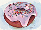 Doughnut Art Frosted Pink Donut Watercolor Art Print by jojolarue