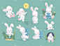 矢量收集手绘可爱的小兔子角色与气球，洞，复活节蛋，花卉装饰元素在绿色的背景。