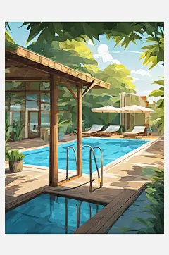 扁平风夏季游泳池插画AI数字艺术