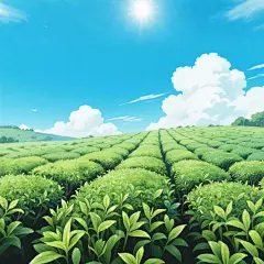 一片茶园，远处是蓝天，手绘插画，宫崎骏风格，明亮的颜色，动画片构图