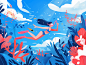 潜水浮潜海岛美女海底插画扁平简约手绘旅游素材