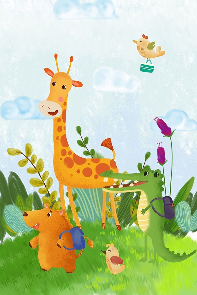 开学季卡通小动物背书包上学手绘肌理原创