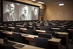 现代教室课桌椅场景摄影图