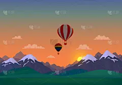 云,云杉,热气球,背景,多色的,矢量,地形,森林,日落,日出