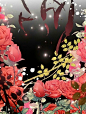This may contain: red roses are in the foreground, and there is a black background