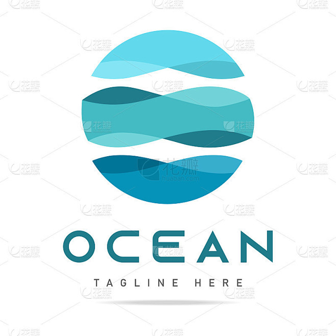 抽象的蓝色全球标志球体与波浪线在圆形海浪，海洋，湖泊，河流，水矢量设计模板。标志海滩，标志夏季，徽章