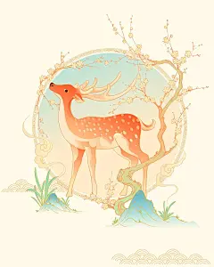 中国梅花鹿与梅花山石草波纹国潮插画图片下载
