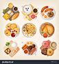 Traditional breakfast dishes from different countries and places: Israel, Iceland, Germany, Russia, Korea, Venezuela, Japan, Ireland, USA. Vector illustrations.