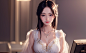 Anime 1776x1088 AI art women Asian face necklace looking at viewer cleavage