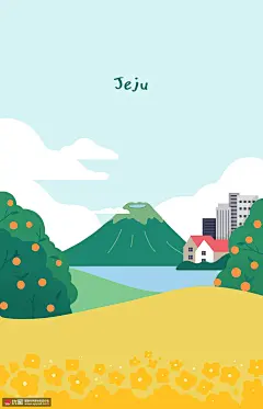 绿树鲜花火山济州岛风景建筑插画预览图