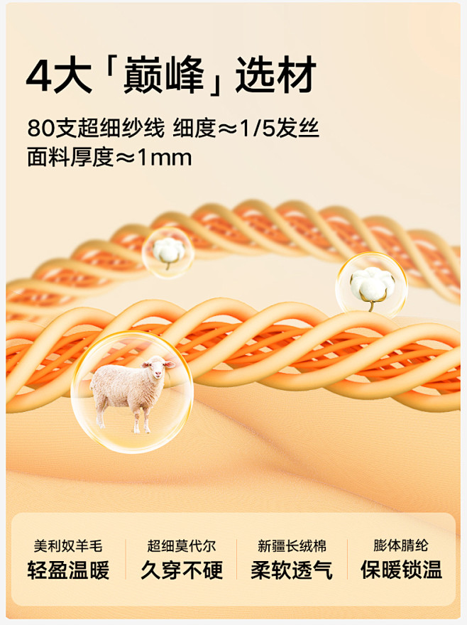 松山棉店暖绒80美利奴羊毛轻暖保暖内衣套...