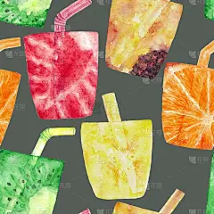 水彩无缝模式与热带鸡尾酒，水果，浆果。海滩背景假日贺卡，菜单，礼物包装纸。手绘果汁饮料插图。